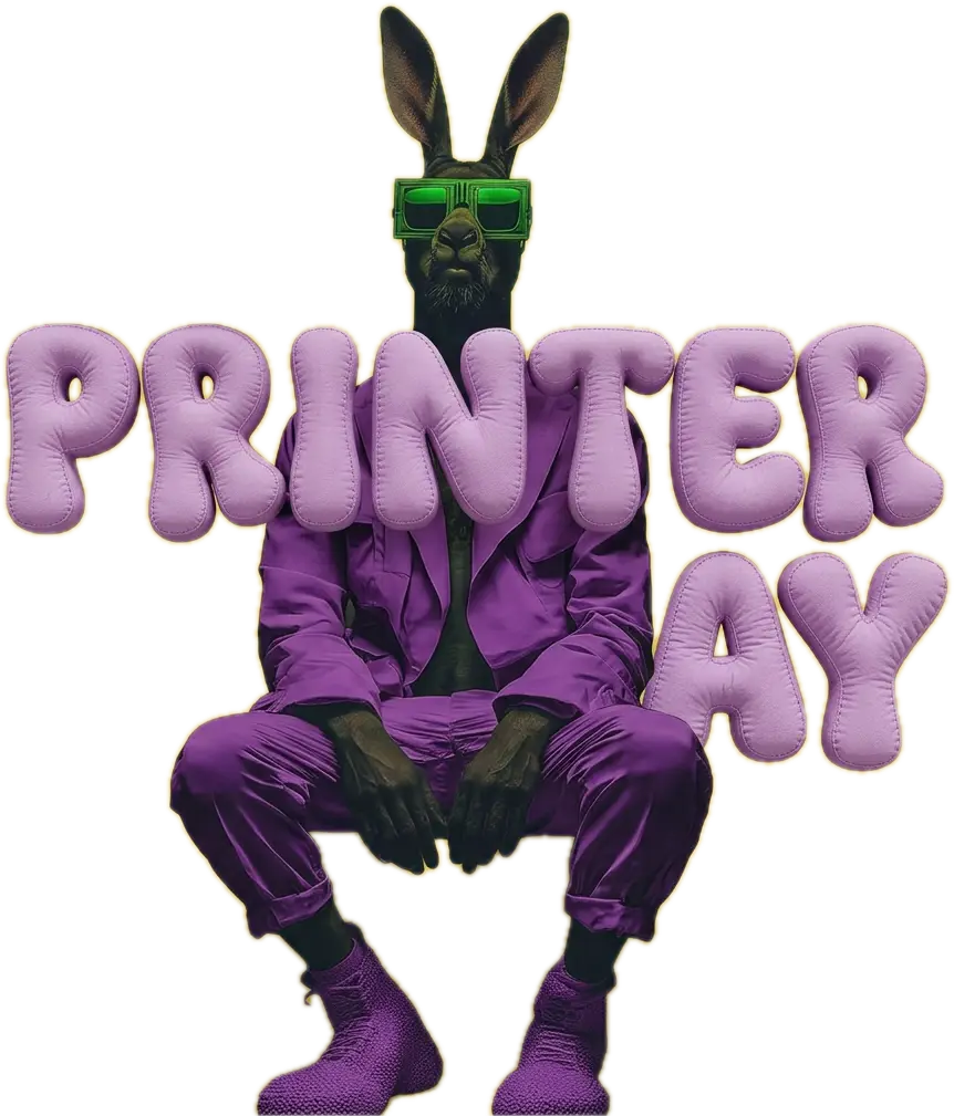 The 3D Printeray mascot, a kangaroo in a purple suit and green goggles, behind the word Printeray in purple pillow letters
