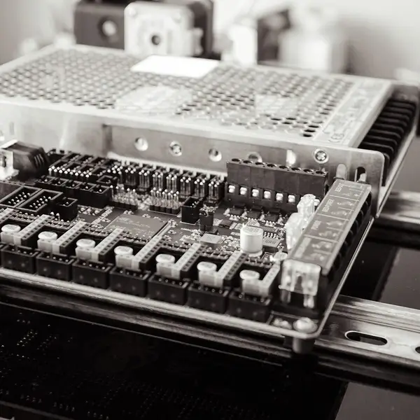 The electronics bay of a Voron 3D printer, with the controller board and power supply on a DIN rail