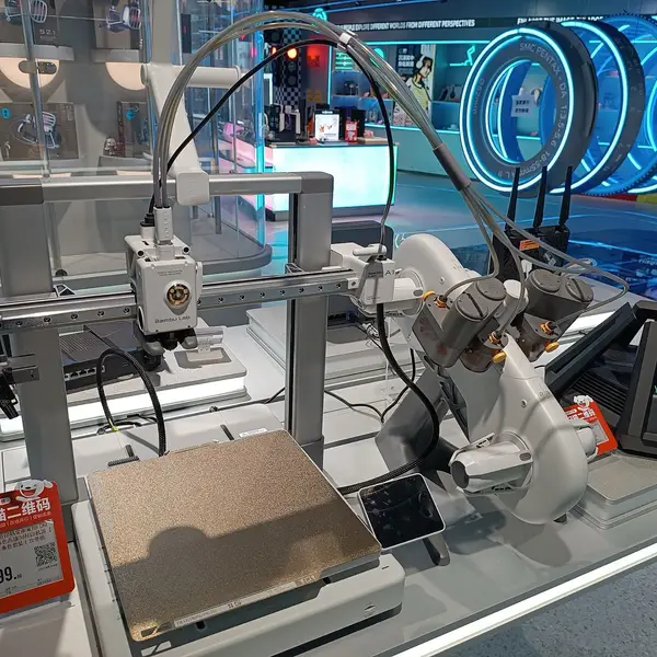 A Bambu Lab A1 with an AMS lite on a store display table, with Wi-Fi routers on the table behind and to the right of it