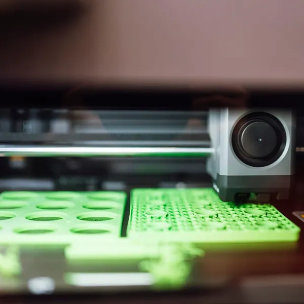 A Bambu Lab toolhead printing green parts on the build plate