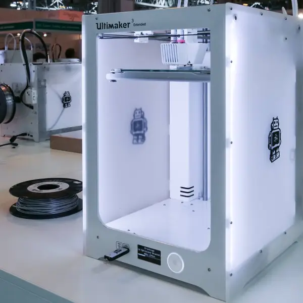 A white UltiMaker 3 Extended printer with translucent side panels on an exhibition stand, with a spool of grey filament beside it