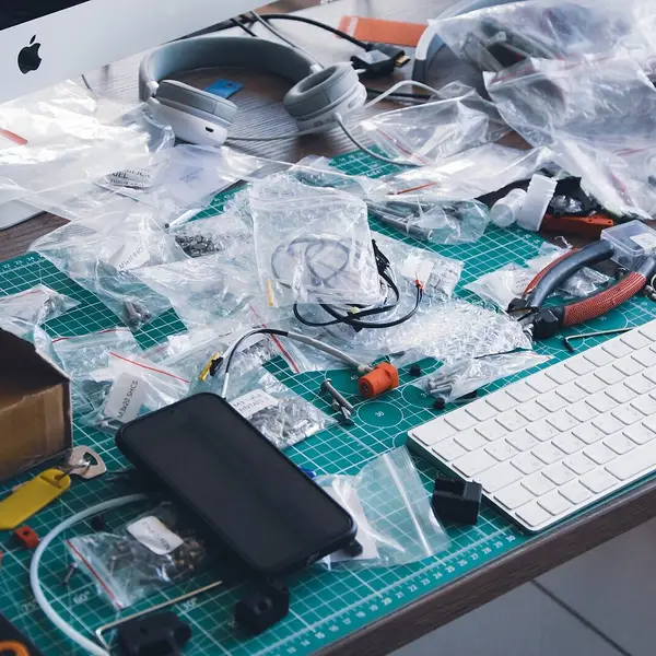 A workbench covered in bagged printer parts, wiring and tools during a printer build