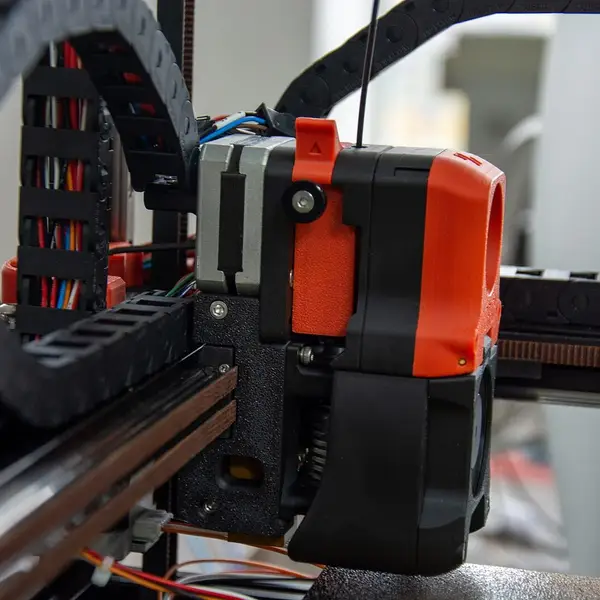 A Voron toolhead seen from the side, showing its extruder, wiring and cable chain