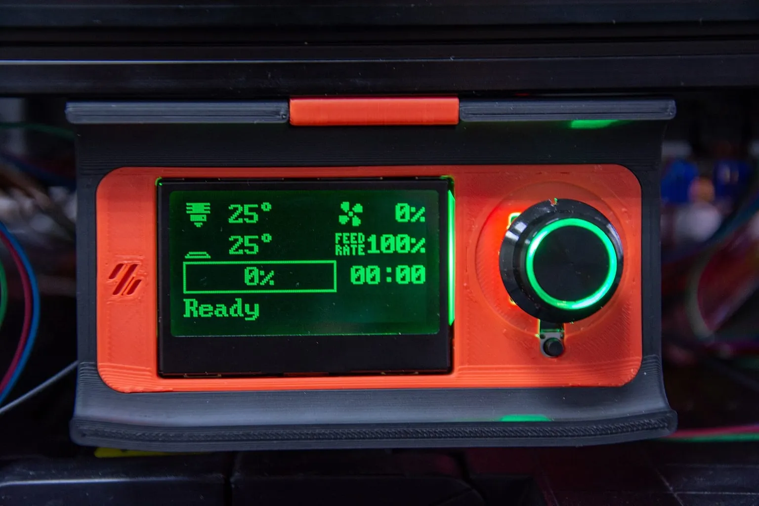 A printer's status display showing nozzle and bed temperatures of 25 °C