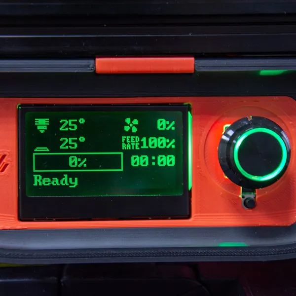 A printer's status display showing nozzle and bed temperatures of 25 °C
