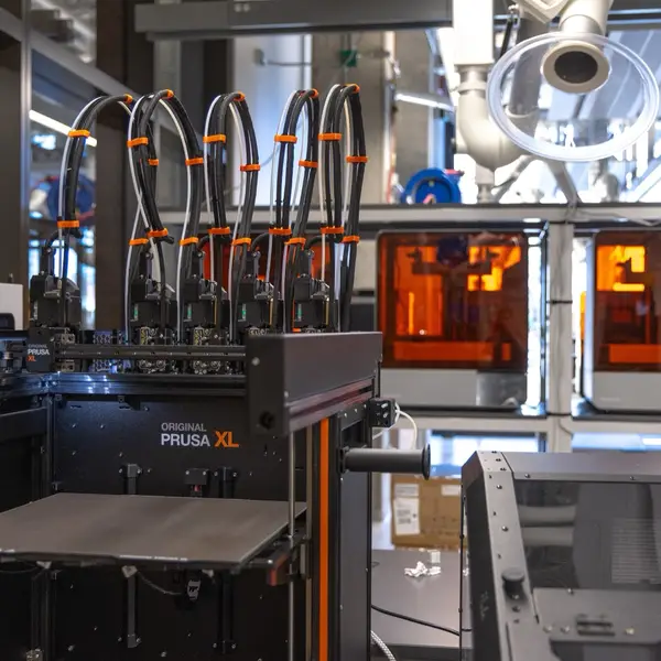 A Prusa XL with five toolheads parked in a row along the top of its frame and its empty carriage at the left, in a university makerspace