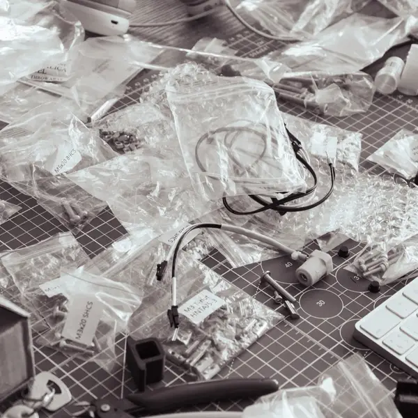 Black-and-white photo of Voron printer kit parts on a cutting mat: labelled bags of M3 and M5 screws, wiring, printed parts, pliers and a keyboard